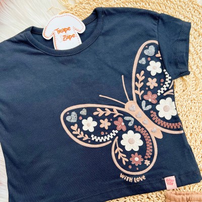Conj. Blusa Borboleta e Short em Moletinho - Preto e Marrom